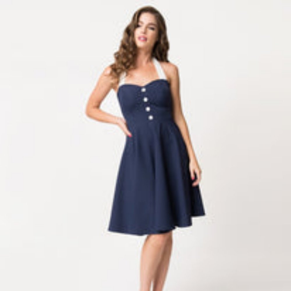 Navy Blue & White Sailor Halter Swing Dress